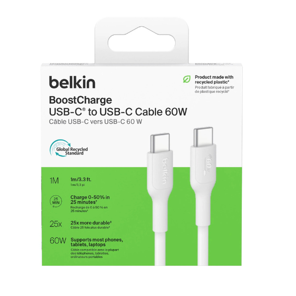 Câble Belkin BoostCharge USB-C 60 W 1 m – PVC recyclé, blanc