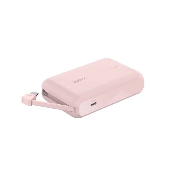 Belkin Power bank 10 000 mAh avec câble USB-C intégré 20 W - rose élégante