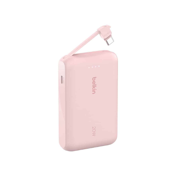Belkin Power bank 10 000 mAh avec câble USB-C intégré 20 W - rose élégante