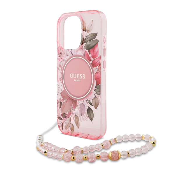 Coque Guess IML Flowers pour iPhone 16 Pro – Design floral translucide avec sangle en perles et compatibilité MagSafe