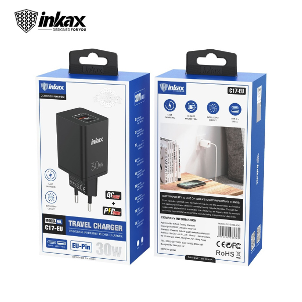 Chargeur Rapide USB Inkax C17-Eu 30w 2 Ports USB A & C Noir