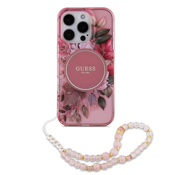 Coque Guess IML Flowers pour iPhone 16 Pro – Design floral translucide avec sangle en perles et compatibilité MagSafe