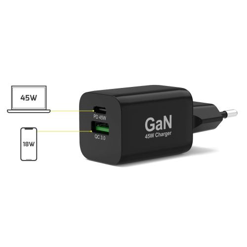 Gerlax 45W GaN Fast Charger – USB-C PD 3.0 + USB-A QC 3.0, PPS, Compact Design