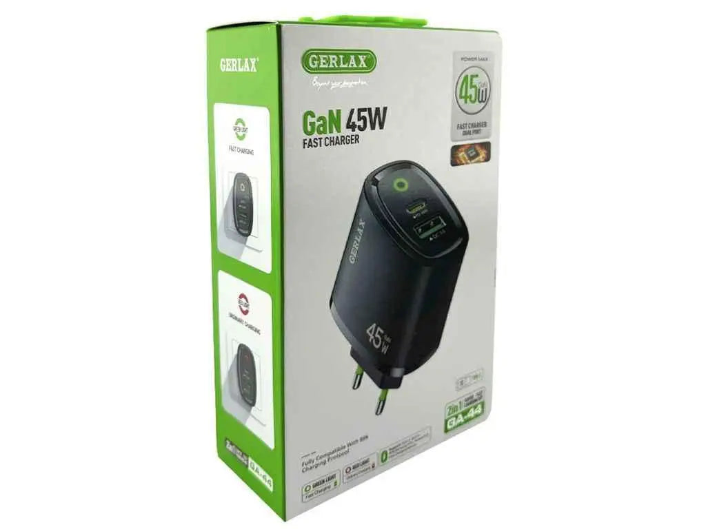 Gerlax 45W GaN Fast Charger – USB-C PD 3.0 + USB-A QC 3.0, PPS, Compact Design