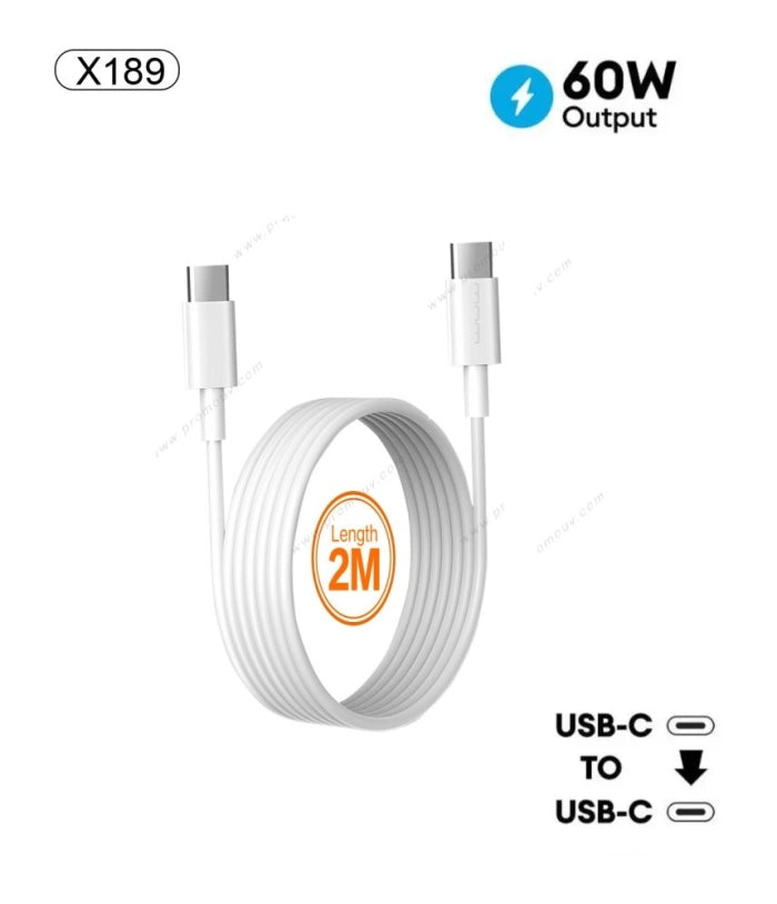 X189 Câble de Charge Rapide 60W &Transfert Data Type-C vers Type-C 2 Mètres
