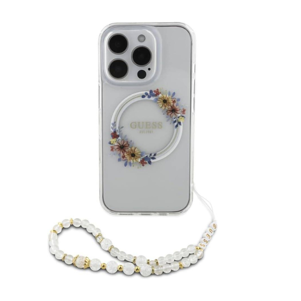 Coque Guess IML Flowers pour iPhone 16 Pro – Design floral translucide avec sangle en perles et compatibilité MagSafe