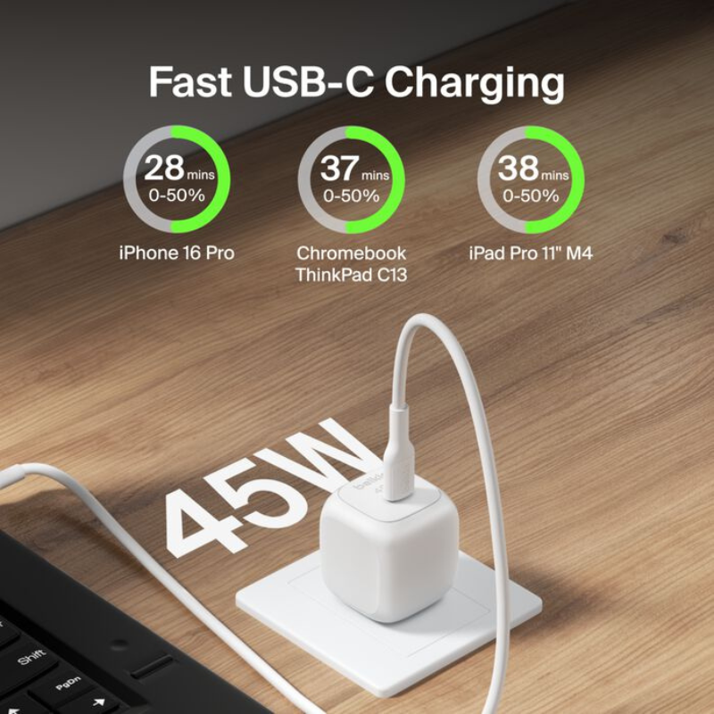 Chargeur Belkin USB-C compact 45W  BoostCharge – charge rapide & sécurité