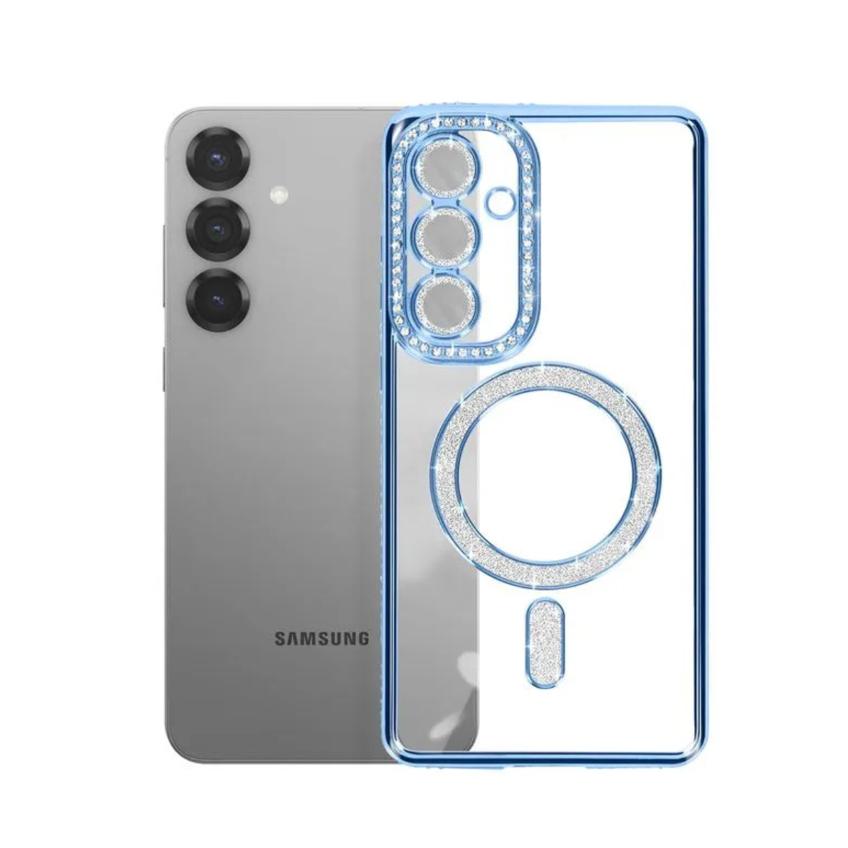 Coque Transparente Strass Pour Samsung S25 – Bord Électroplaqué & Anneau Rotatif 360° – Protection Écran/Camera - Bleu Ciel