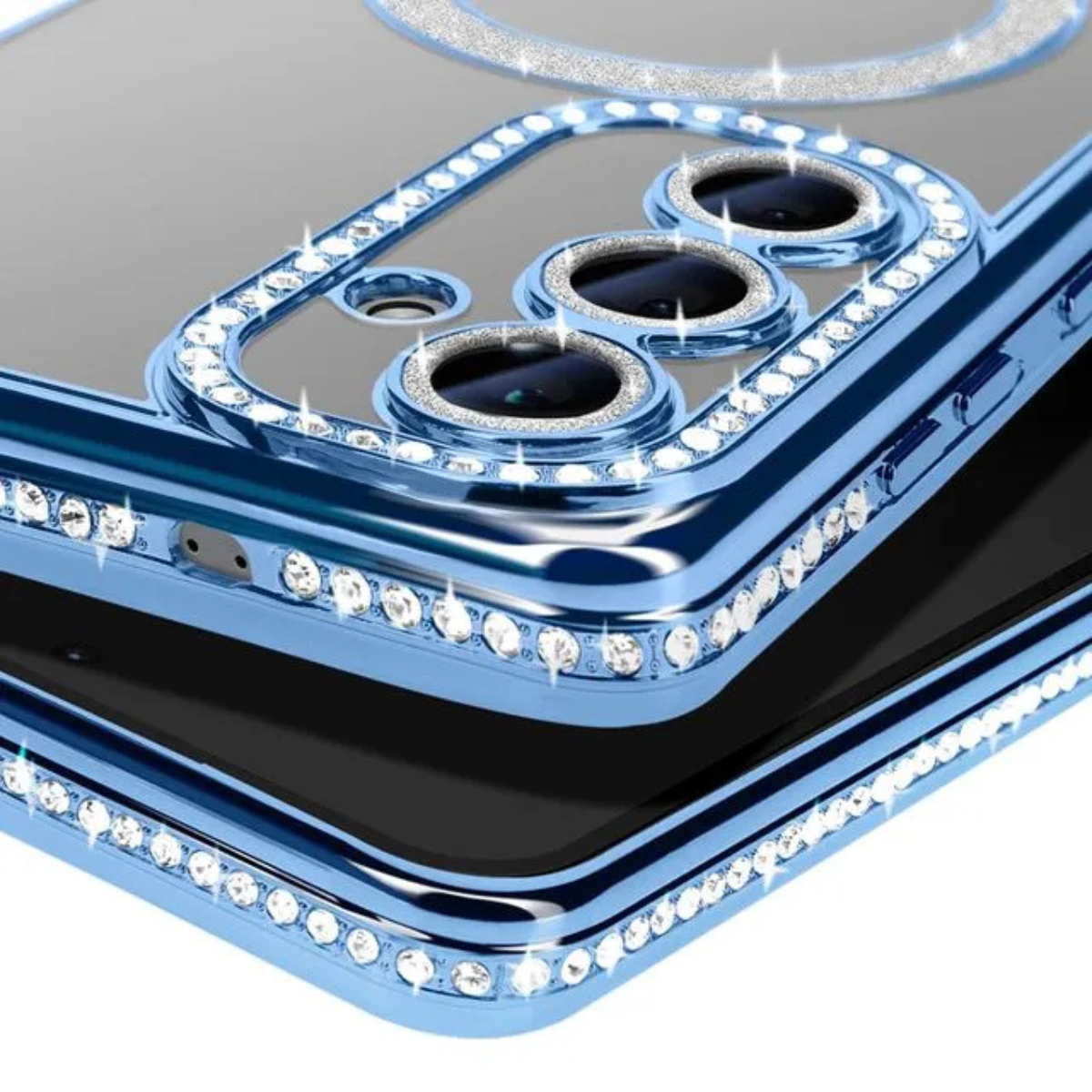 Coque Transparente Strass Pour Samsung S25 – Bord Électroplaqué & Anneau Rotatif 360° – Protection Écran/Camera - Bleu Ciel