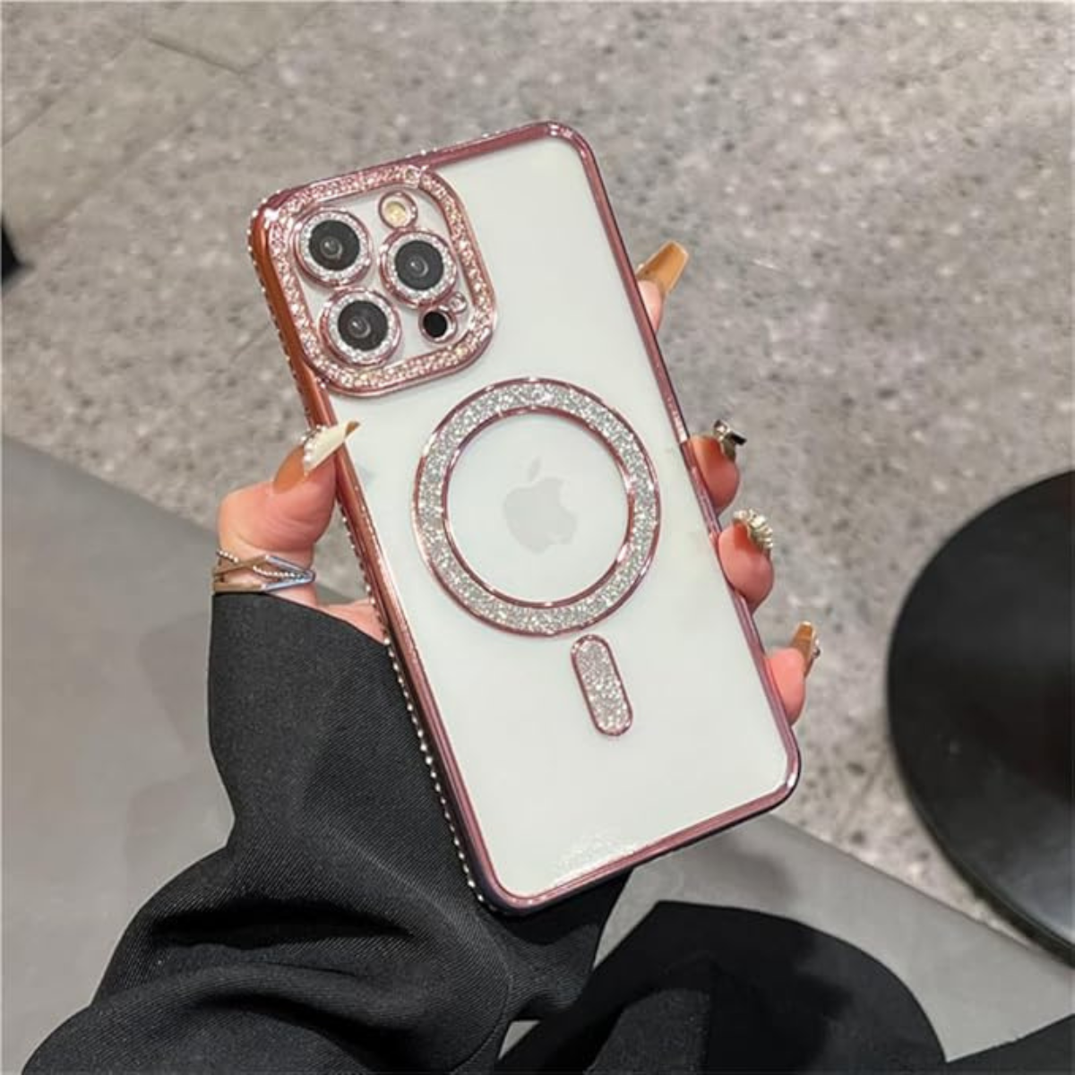 Coque Transparente Strass – Bord Électroplaqué & Anneau Rotatif 360° – Protection Écran/Camera