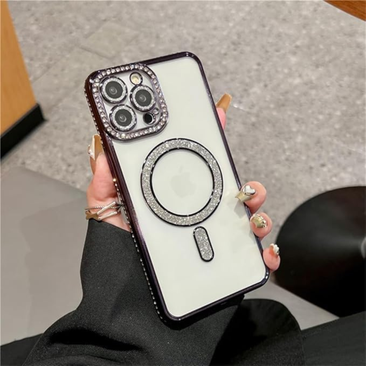 Coque Transparente Strass – Bord Électroplaqué & Anneau Rotatif 360° – Protection Écran/Camera