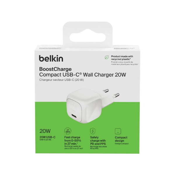 Chargeur Belkin USB-C compact 20W  BoostCharge – charge rapide & sécurité