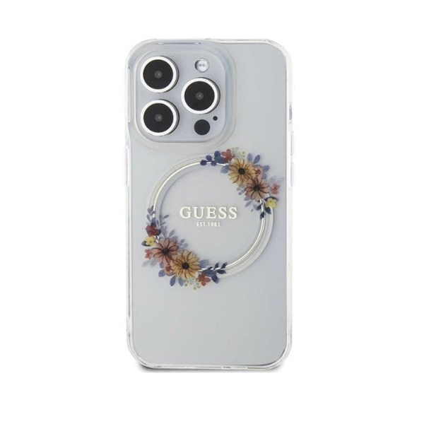 Coque iPhone 16 Pro Guess MagSafe – Design fleurs transparent, protection antichoc