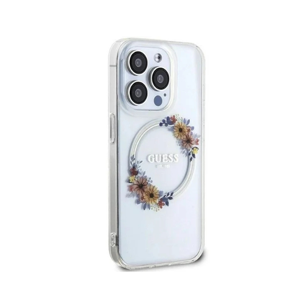 Coque iPhone 16 Pro Guess MagSafe – Design fleurs transparent, protection antichoc