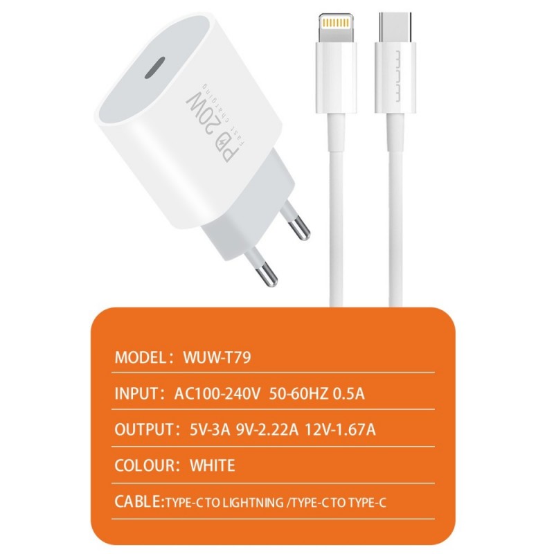 Chargeur WUW T79 USB-C 20W Cable Type-C vers Type-C -Blanc