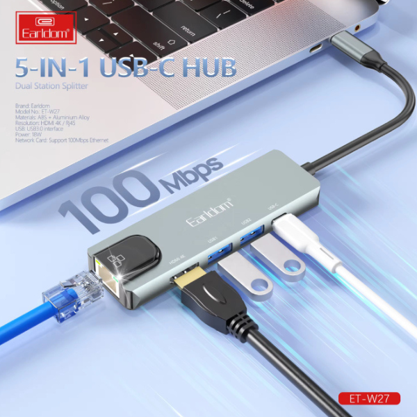 Hub USB-C 5-en-1  Earldom ET-W27 avec HDMI 4K, Ethernet & Charge Rapide