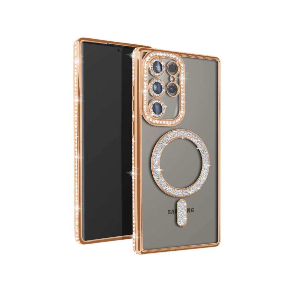 Coque Transparente Strass Pour Samsung S25 – Bord Électroplaqué & Anneau Rotatif 360° – Protection Écran/Camera - Gold