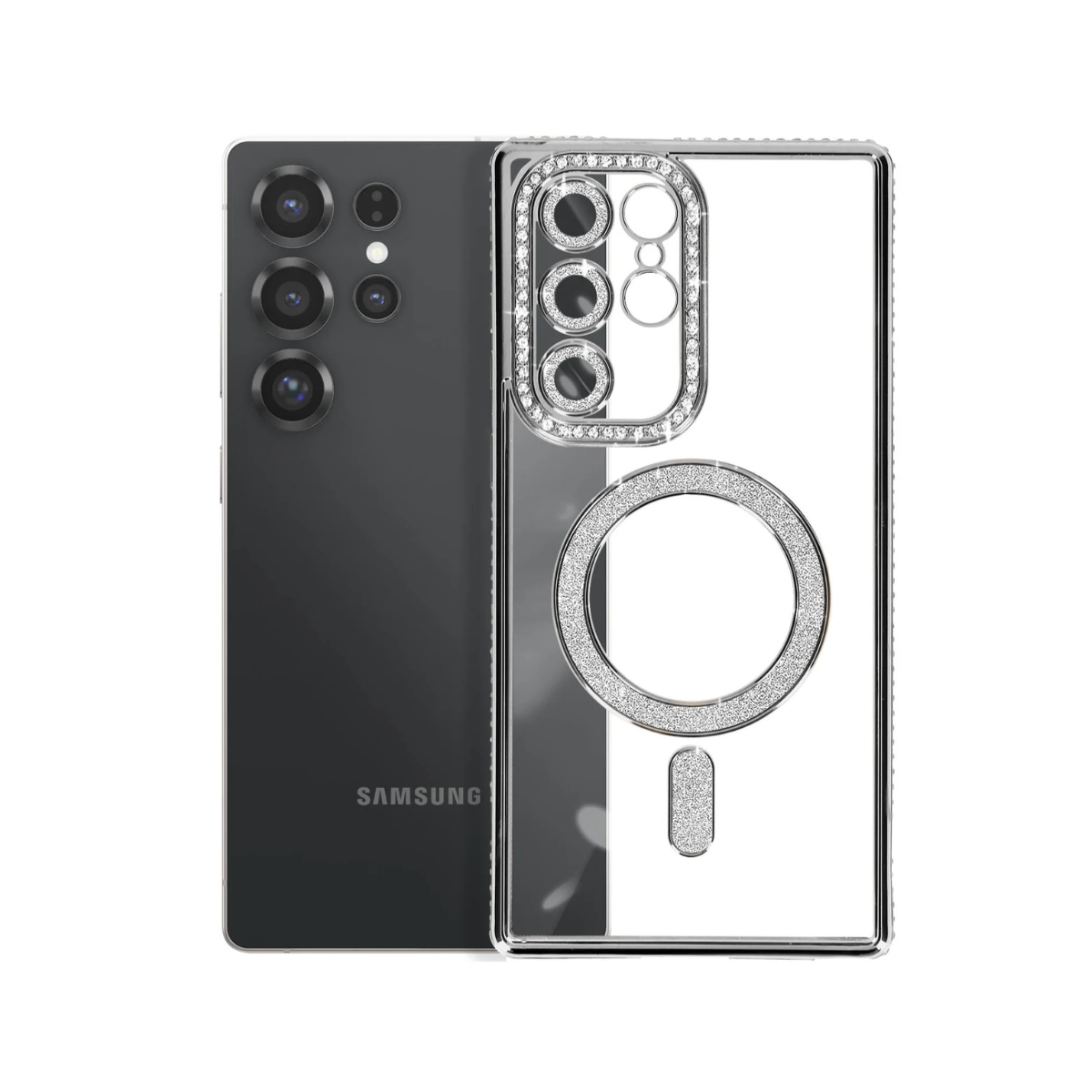 Coque Transparente Strass Pour Samsung S25 – Bord Électroplaqué & Anneau Rotatif 360° – Protection Écran/Camera - Gris